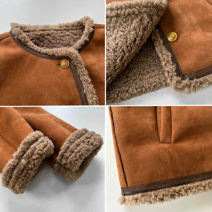 Women's Winter Faux Suede Jacket – Shearling Trim, Button Closure