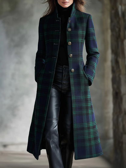 Women's Midi Coat – Plaid, High Collar, Wool Blend