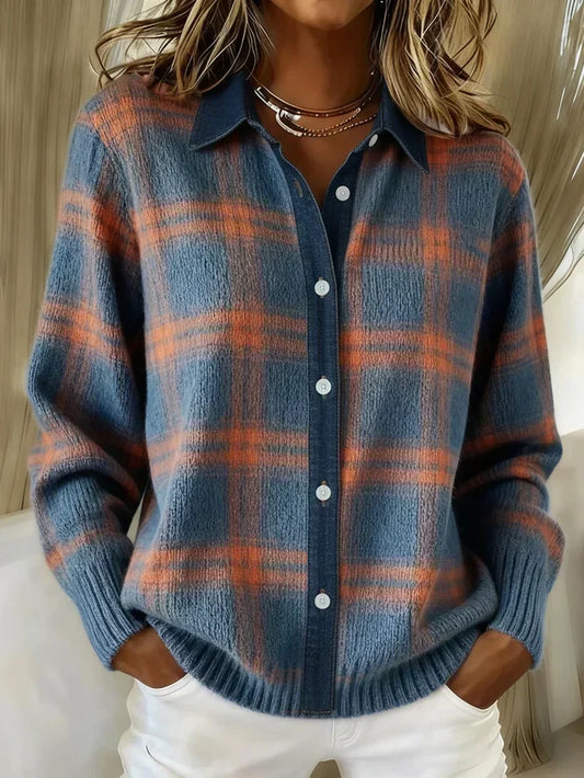Women's Knit Cardigan – Plaid, Collar
