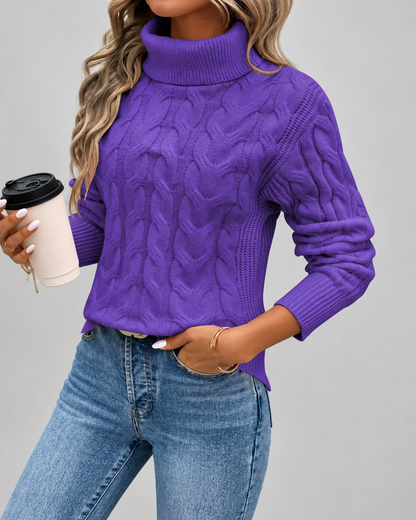 Women's Cable Knit Turtleneck Sweater – Ribbed Trim