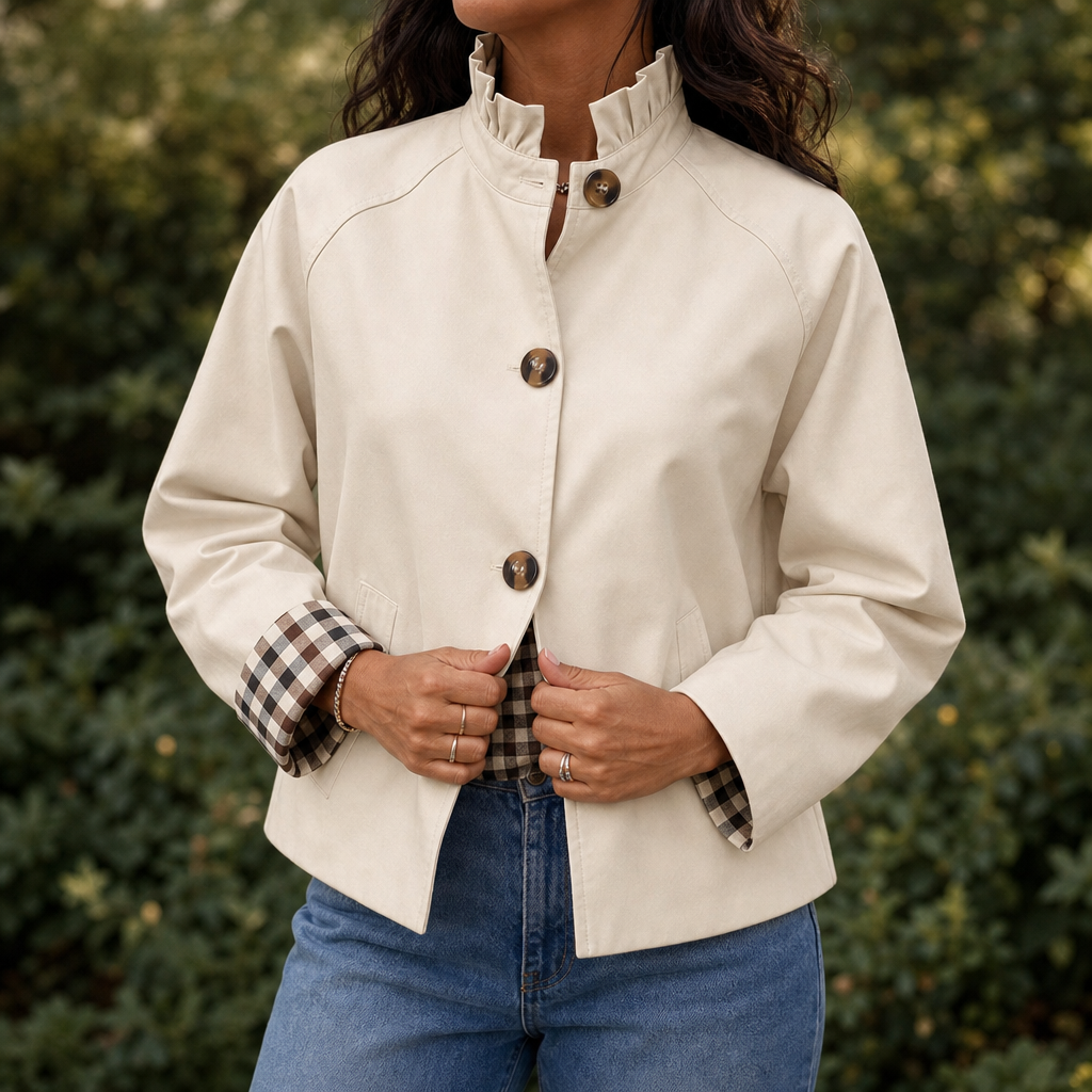 Women's Short Trench Coat – Ruffle Collar, Relaxed Fit