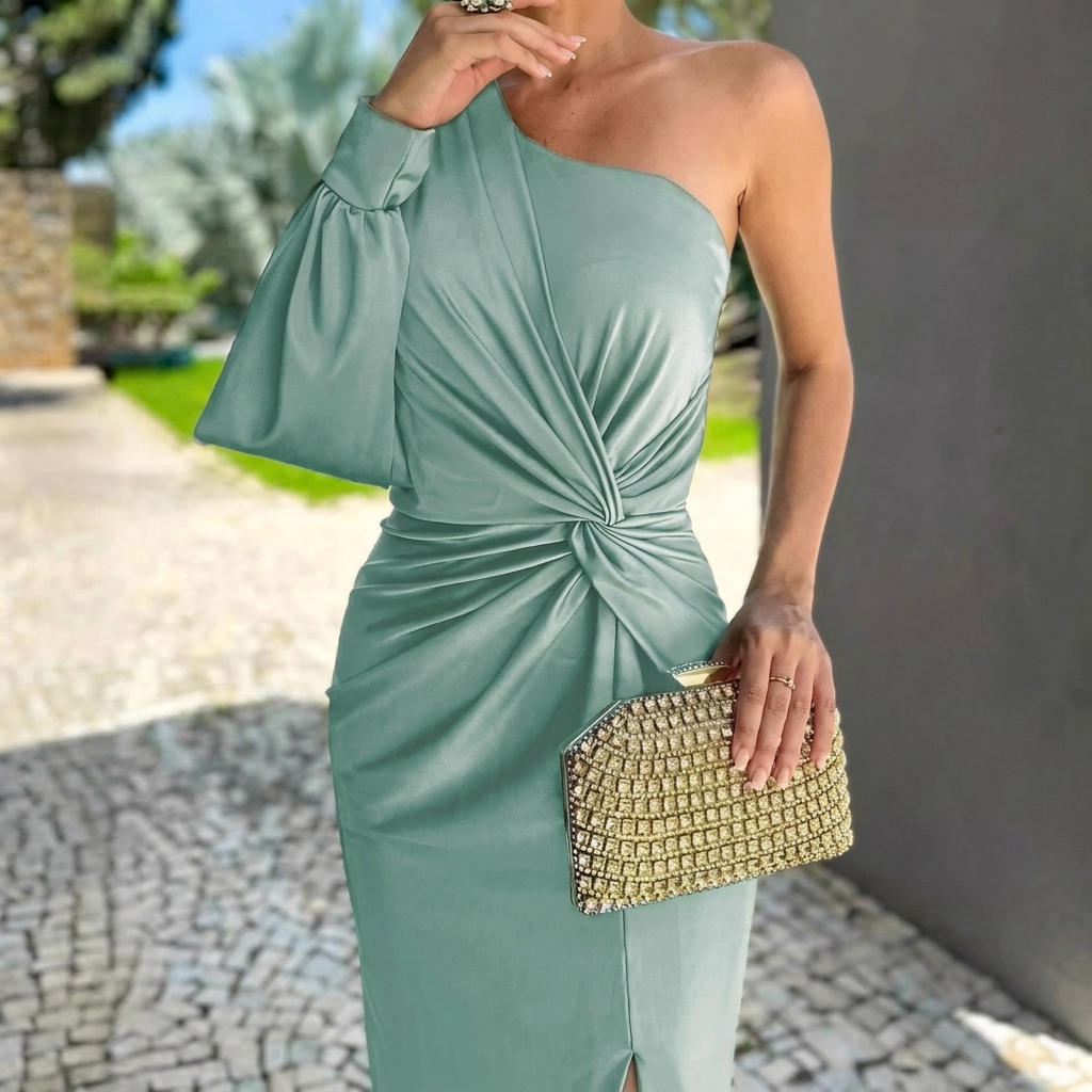 Women's One-Shoulder Twist Midi Dress with Slit
