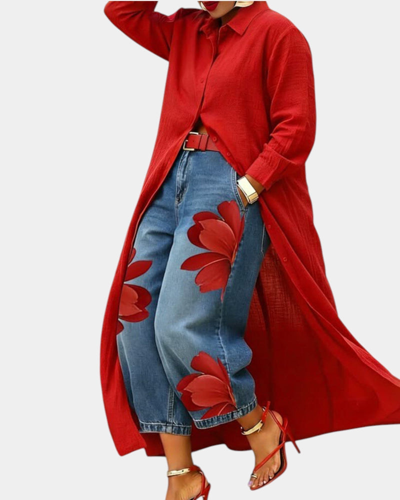 Women's Shirt Dress and Floral Print Jeans Set