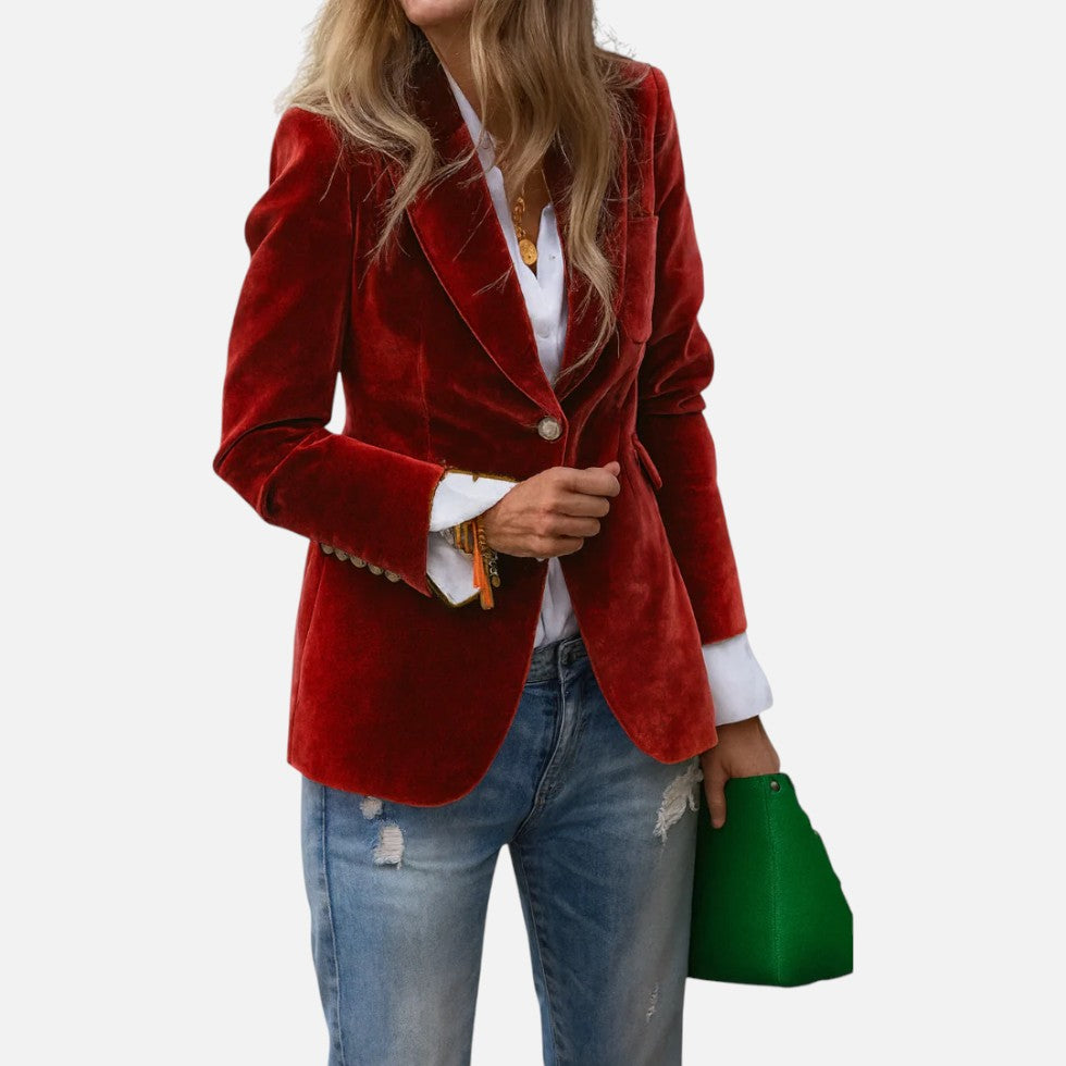 Women's Velvet Blazer with Single Gold Button