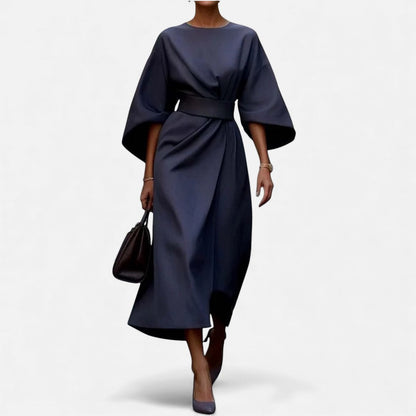 Women's Belted Midi Dress with Wide Sleeves