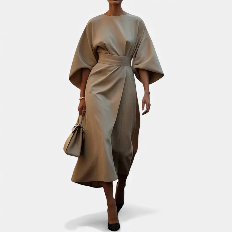 Women's Belted Midi Dress with Wide Sleeves