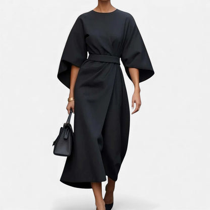 Women's Belted Midi Dress with Wide Sleeves