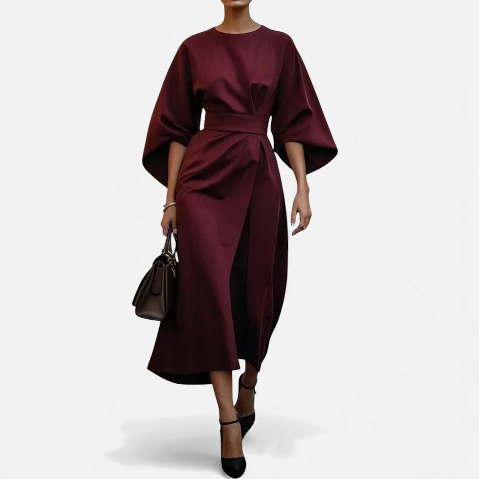 Women's Belted Midi Dress with Wide Sleeves