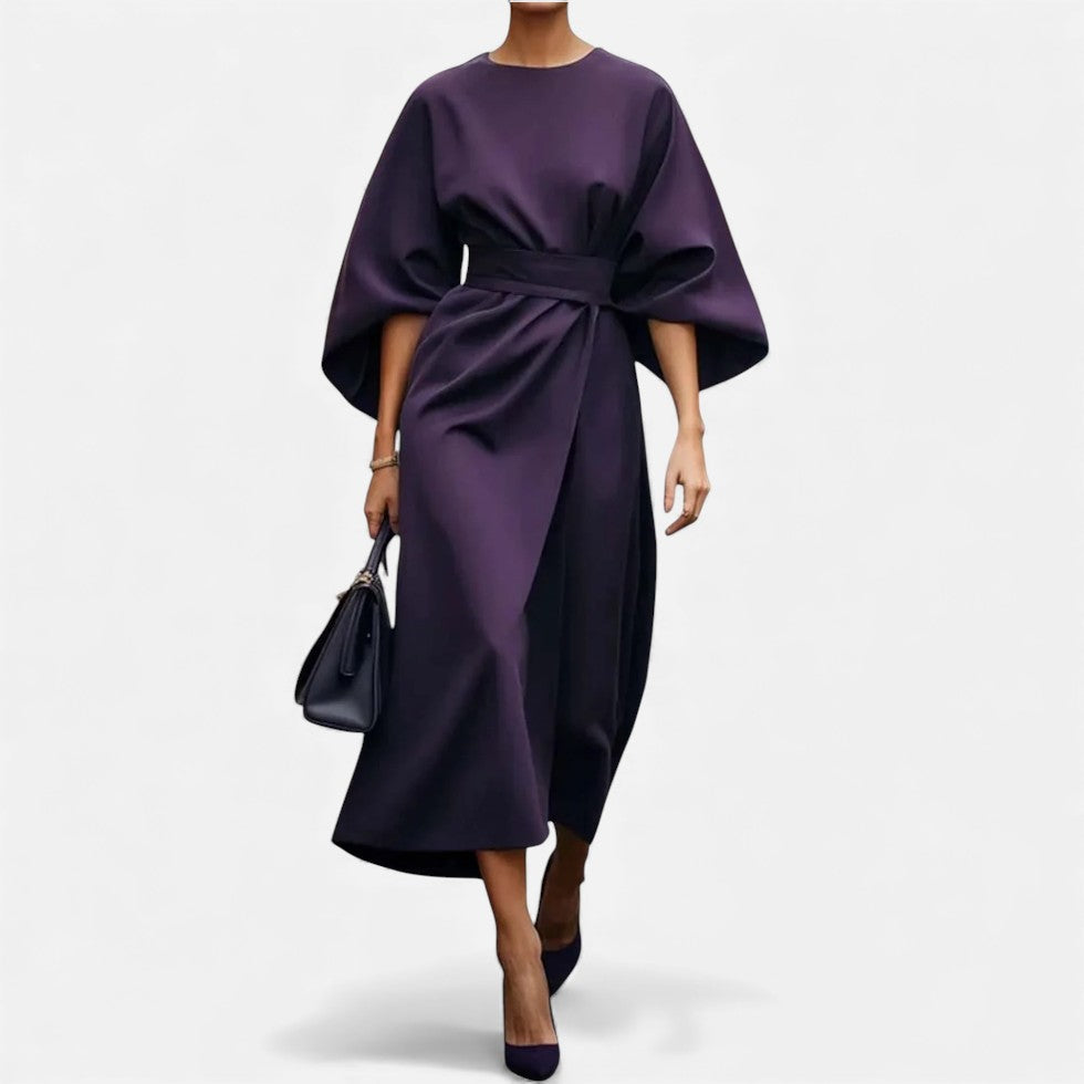 Women's Belted Midi Dress with Wide Sleeves
