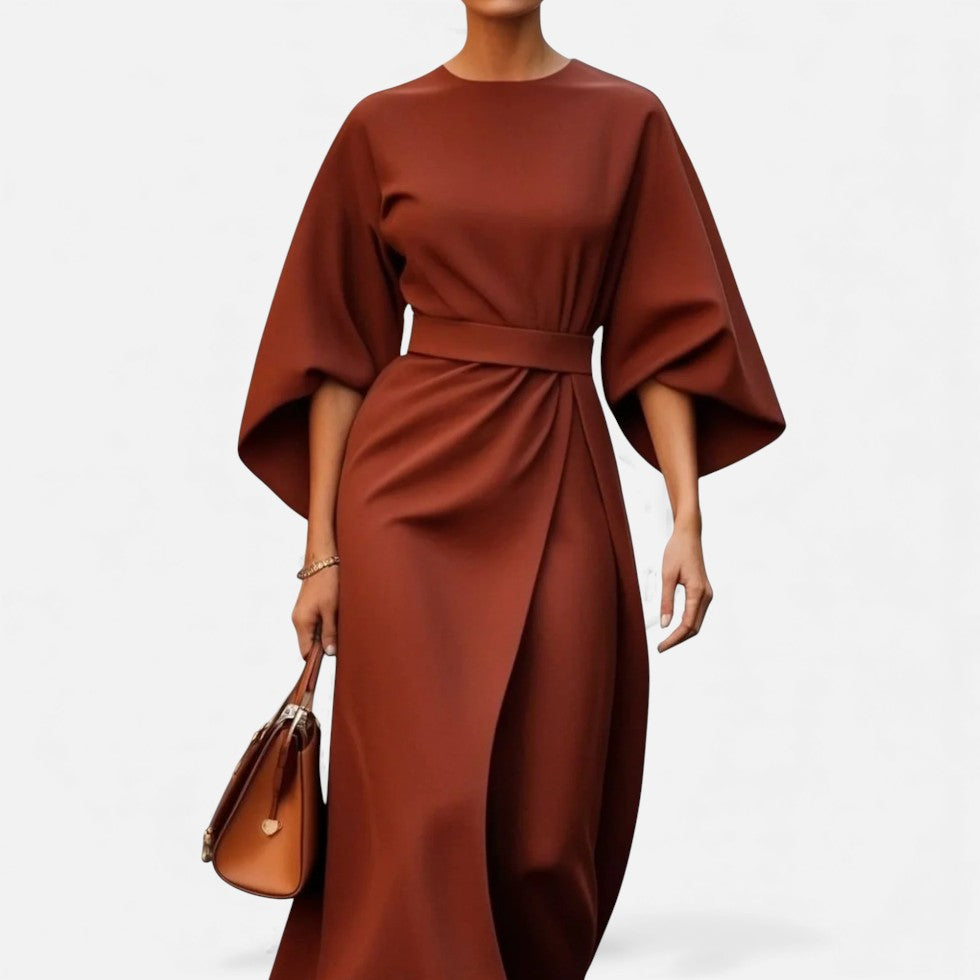 Women's Belted Midi Dress with Wide Sleeves