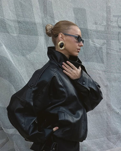 Women's Leather Jacket – Funnel Neck Asymmetric