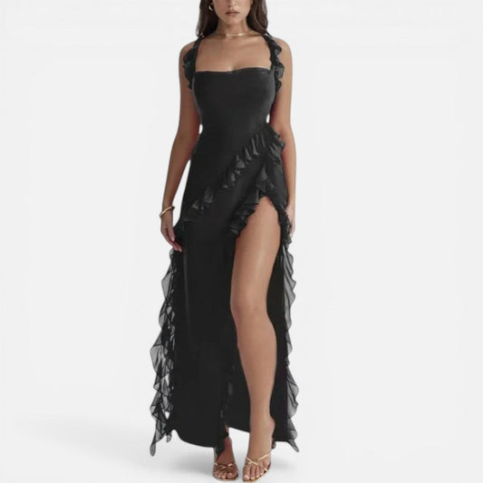 Women's Maxi Dress – Evening, Ruffled, Leg Slit