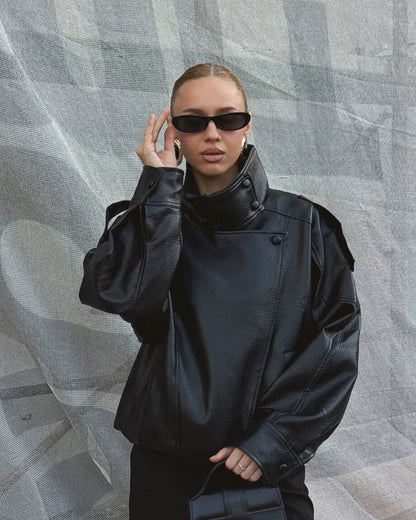 Women's Leather Jacket – Funnel Neck Asymmetric