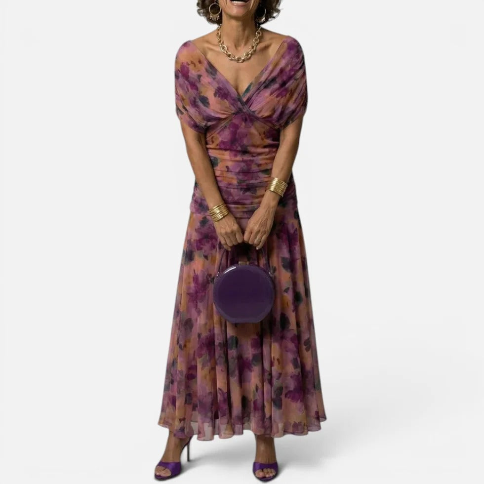 Women's Floral Wrap Midi Dress with V-Neck