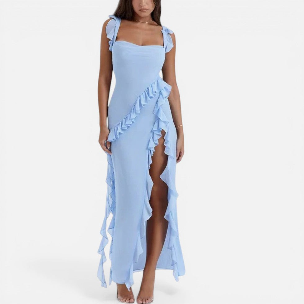 Women's Maxi Dress – Evening, Ruffled, Leg Slit