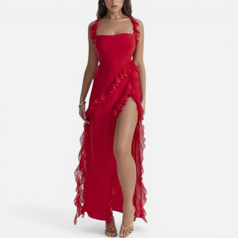Women's Maxi Dress – Evening, Ruffled, Leg Slit