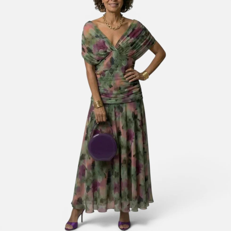 Women's Floral Wrap Midi Dress with V-Neck