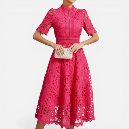 Women's Eyelet Lace Midi Dress with High Neck
