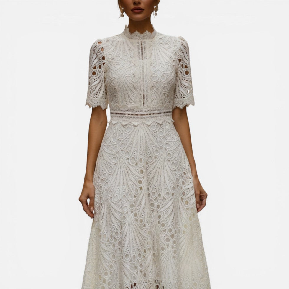Women's Eyelet Lace Midi Dress with High Neck