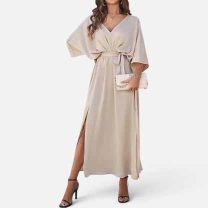 Women's V-Neck Maxi Dress with Tie Waist