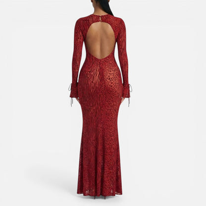 Women's Maxi Dress – Evening, Animal Print, Bell Sleeve