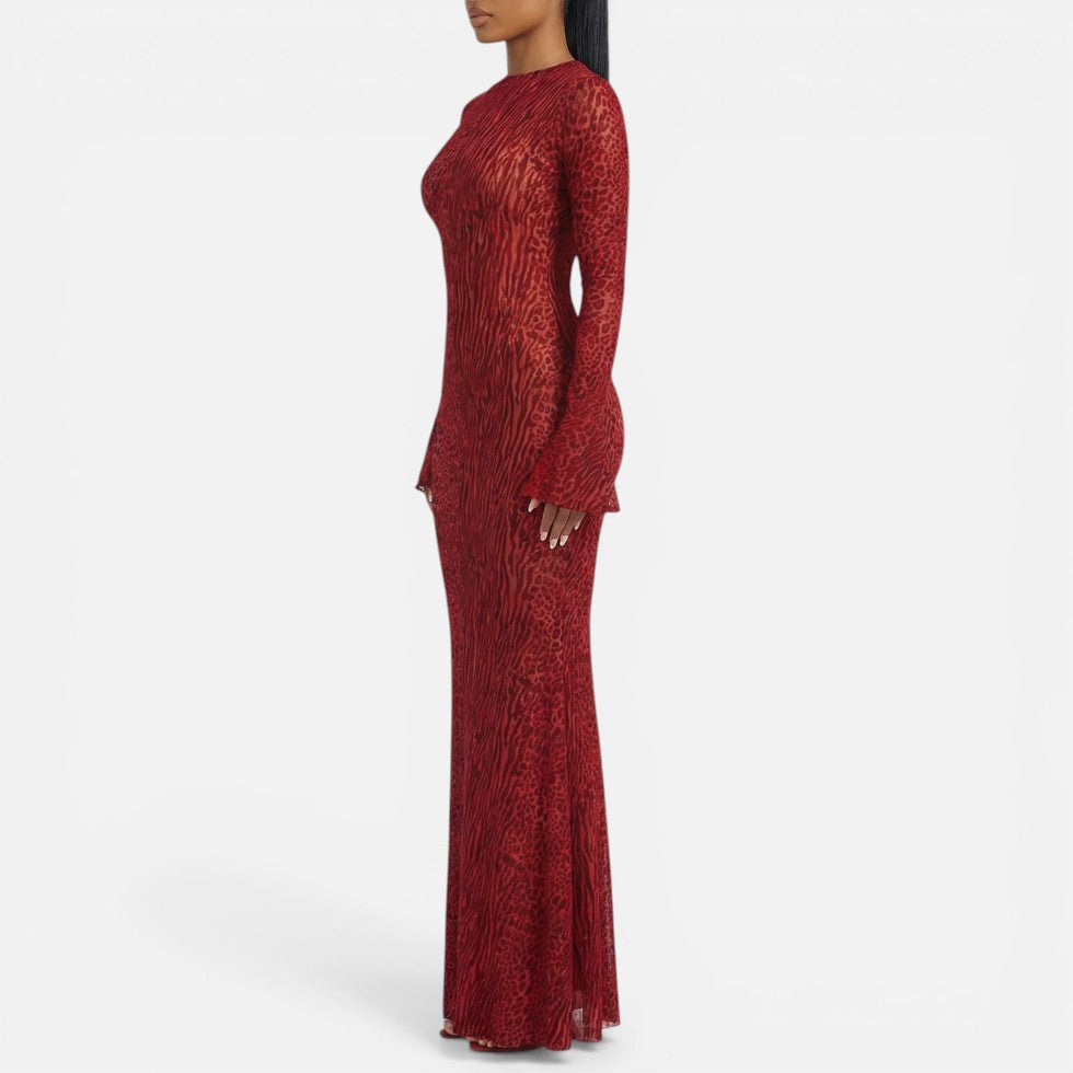 Women's Maxi Dress – Evening, Animal Print, Bell Sleeve