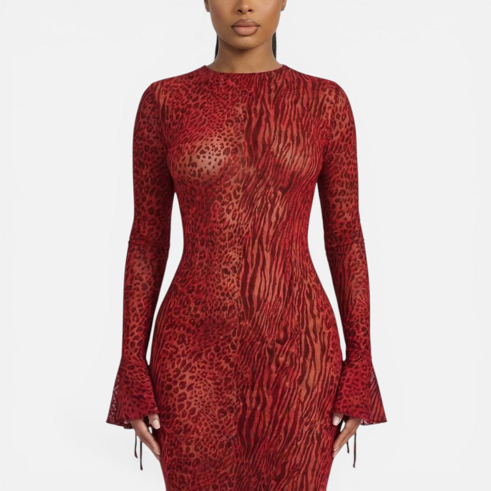 Women's Maxi Dress – Evening, Animal Print, Bell Sleeve