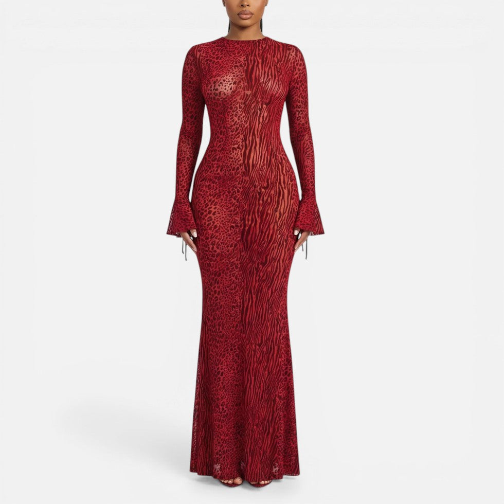 Women's Maxi Dress – Evening, Animal Print, Bell Sleeve