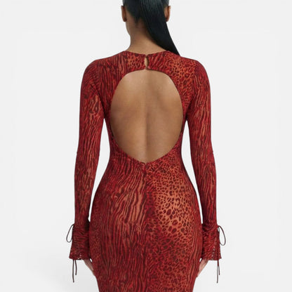 Women's Maxi Dress – Evening, Animal Print, Bell Sleeve