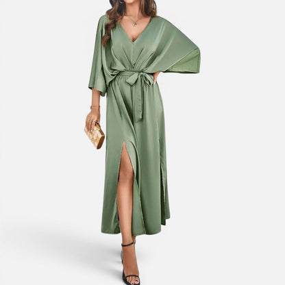 Women's V-Neck Maxi Dress with Tie Waist