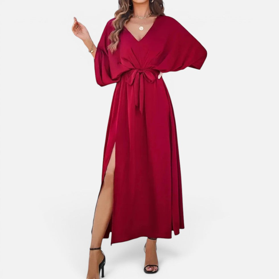 Women's V-Neck Maxi Dress with Tie Waist