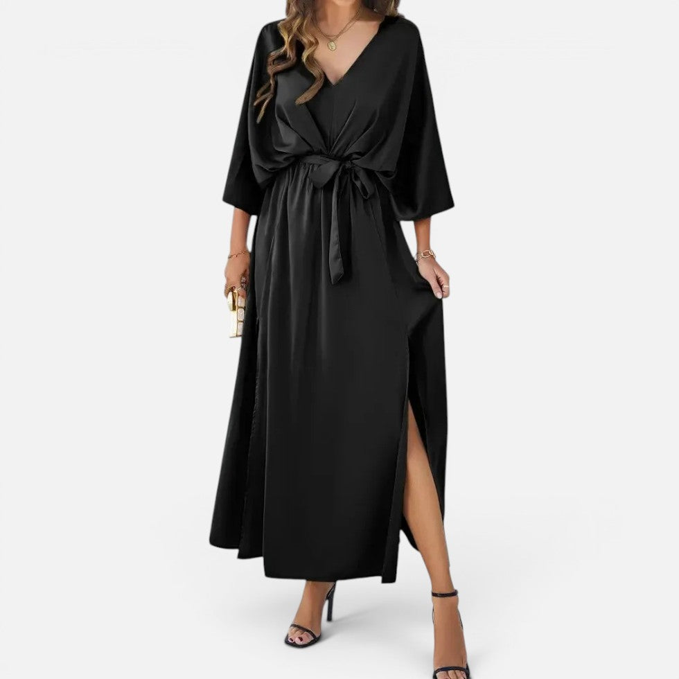 Women's V-Neck Maxi Dress with Tie Waist