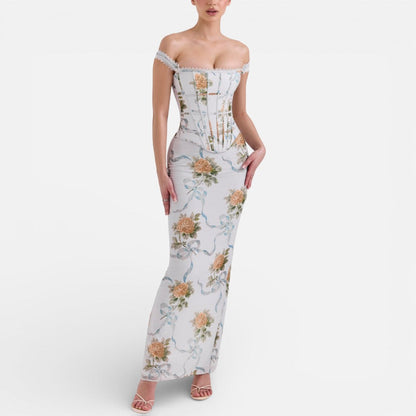 Women's Off-the-Shoulder Floral Corset Maxi Dress