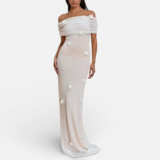Women's Evening Maxi Dress – Off-the-Shoulder, Floral Applique