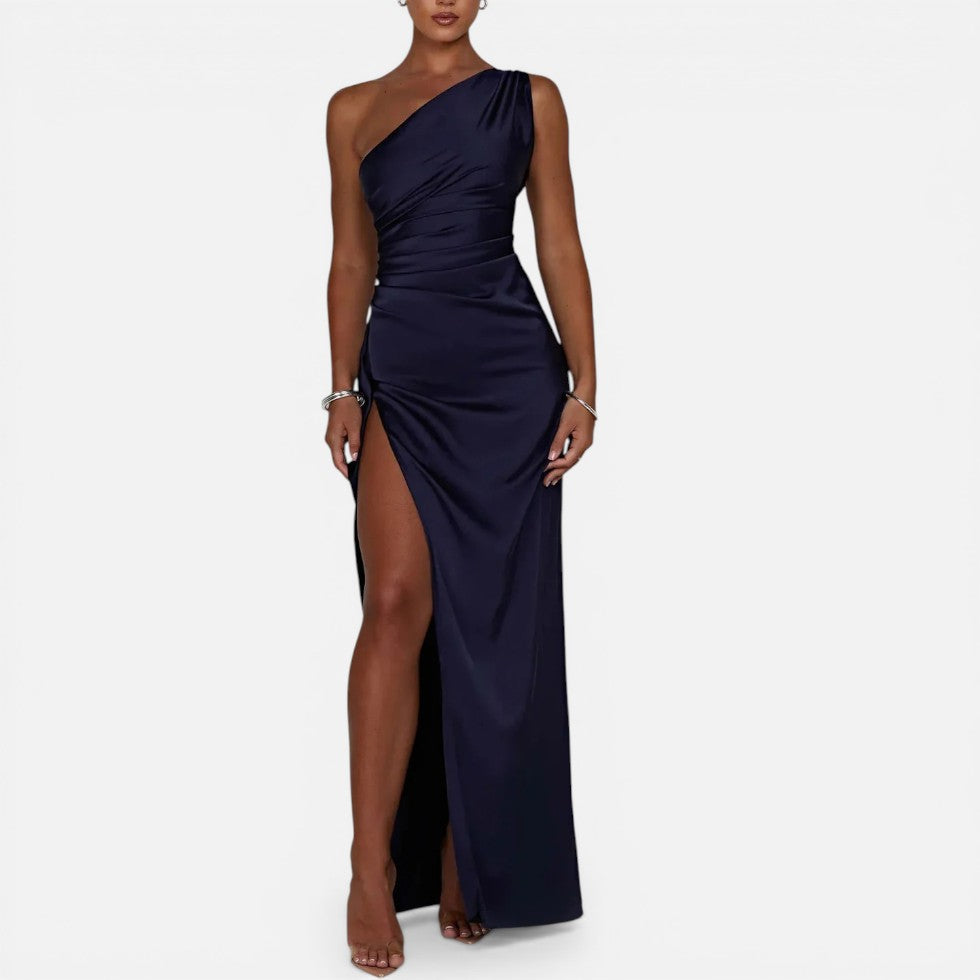 Women's Asymmetric Satin Maxi Dress with High Slit
