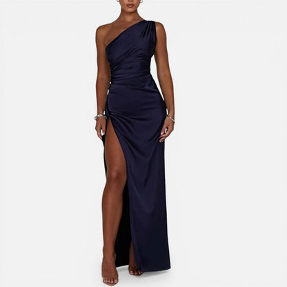 Women's Asymmetric Satin Maxi Dress with High Slit