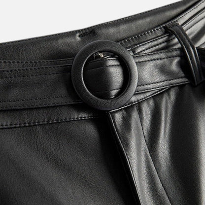 Women's Belted Faux Leather Wide-Leg Pants