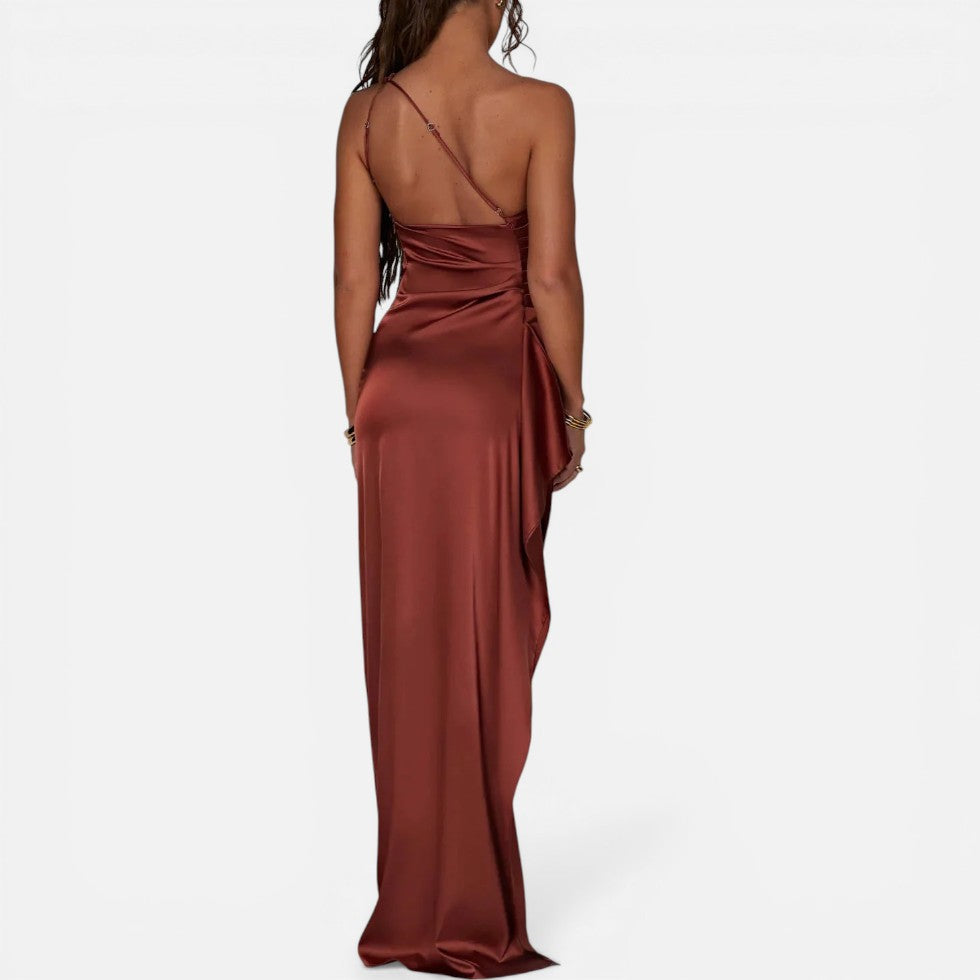 Women's Asymmetric Satin Maxi Dress with High Slit