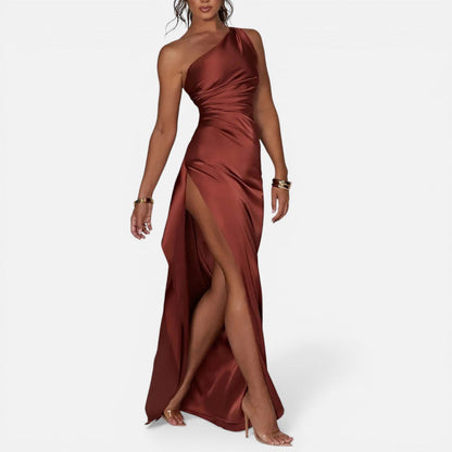 Women's Asymmetric Satin Maxi Dress with High Slit