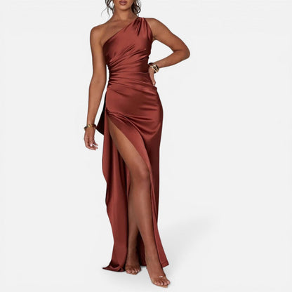 Women's Asymmetric Satin Maxi Dress with High Slit