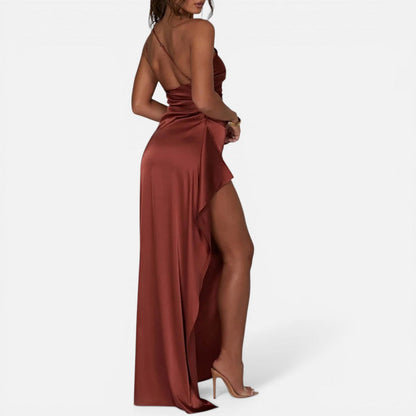 Women's Asymmetric Satin Maxi Dress with High Slit