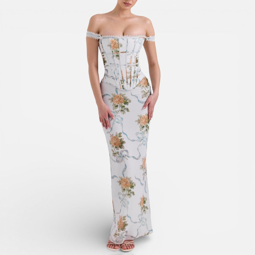 Women's Off-the-Shoulder Floral Corset Maxi Dress