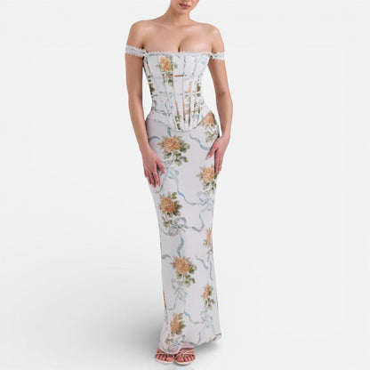 Women's Off-the-Shoulder Floral Corset Maxi Dress