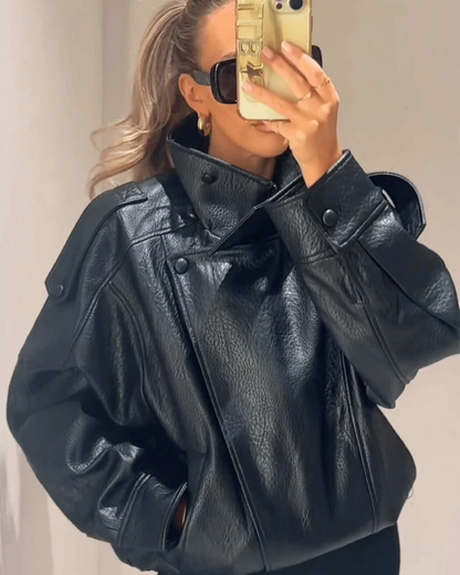 Women's Leather Jacket – Funnel Neck Asymmetric