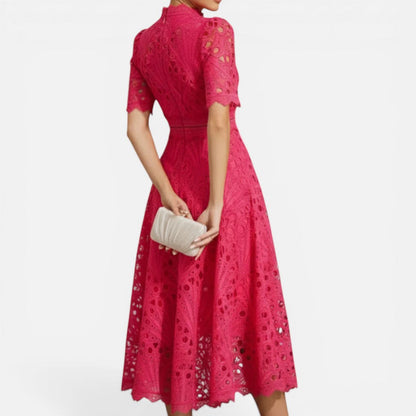 Women's Eyelet Lace Midi Dress with High Neck