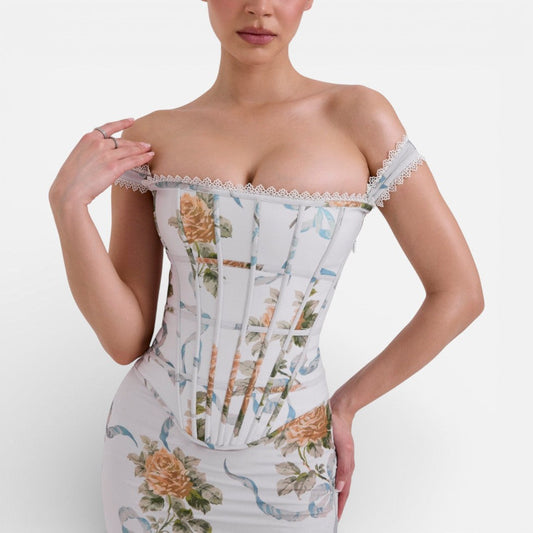 Women's Maxi Dress – Corset Bodice, Off-the-Shoulder, Floral