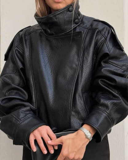 Women's Leather Jacket – Funnel Neck Asymmetric