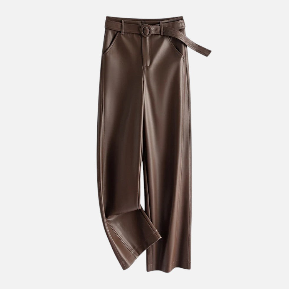 Women's Belted Faux Leather Wide-Leg Pants