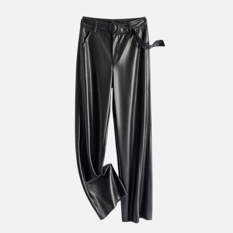 Women's Belted Faux Leather Wide-Leg Pants