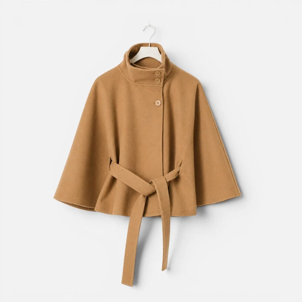Women's Belted Cape Jacket with Stand Collar